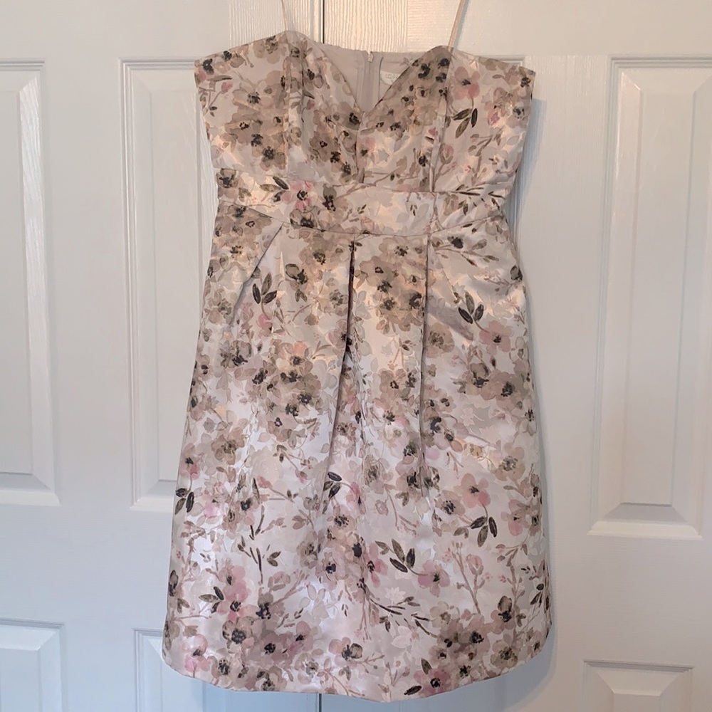 Beige pink floral damask strapless dress
